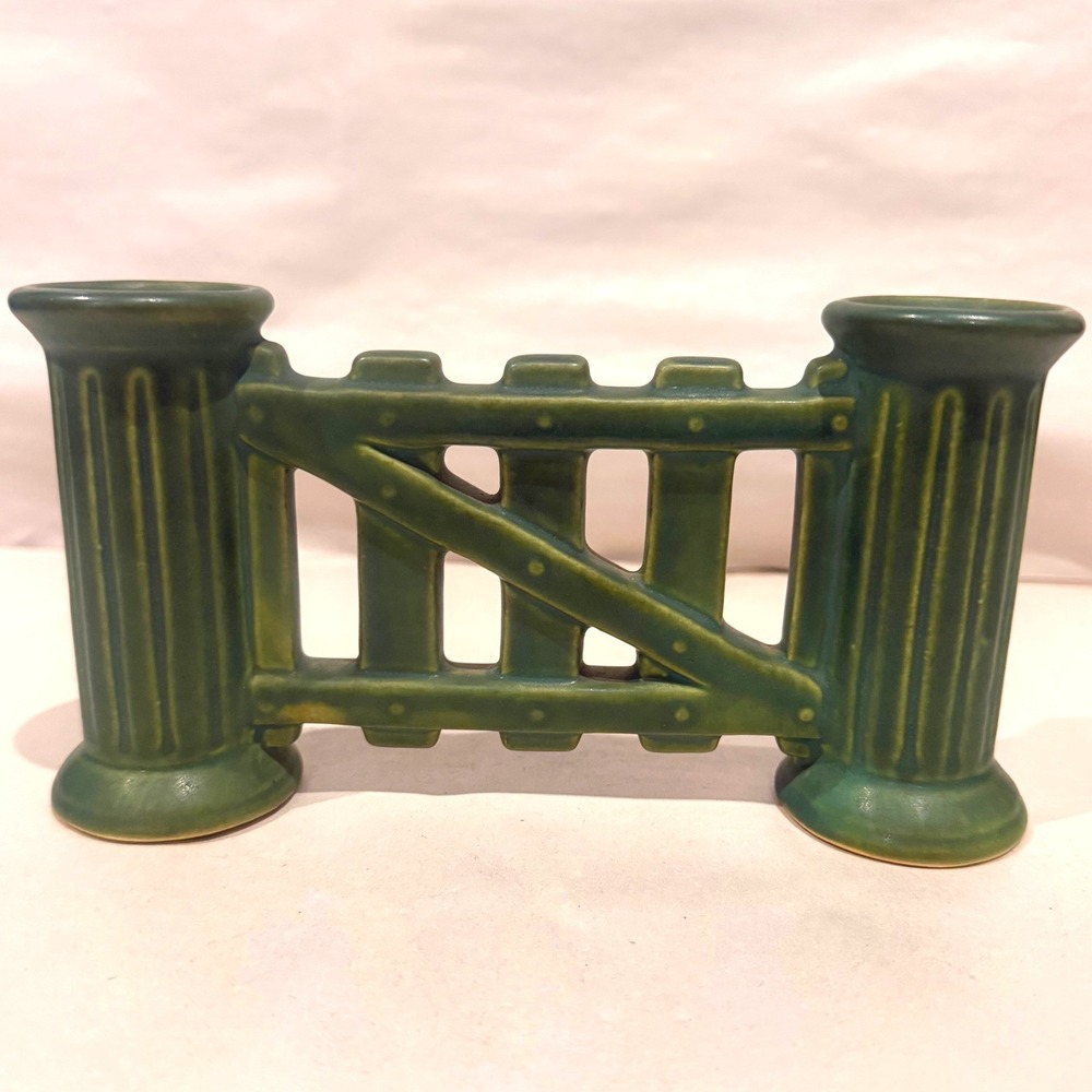 Roseville Rosecraft Matte Green Gate Fence Double Bud Vase Shape 46 1920s